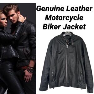 Genuine Leather Jacket Vintage Moto Biker Motorcycle Coat Black 3XL 4 XL Size 56